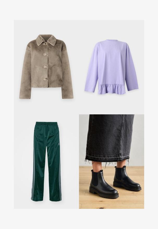 Kort, taupe farvet faux fur jakke med krave, fem knapper og lange ærmer. Blød tekstur, cropped design, og ingen synlige mønstre eller detaljer.; Lilla langærmet skjorte med flæsekant og lille broderet tekst "STIEGLITZ" på brystet.; Mørkegrønne træningsbukser lavet af skinnende materiale, med sidelister i lys grå og et broderet logo på venstre ben.; Pavement MARIT - Plateaustøvletter - black
