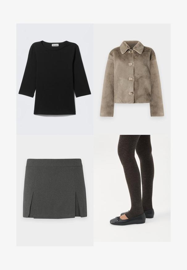 Veste courte en fausse fourrure taupe avec un col, cinq boutons et des manches longues. Texture douce, design court, sans motifs ni accents visibles.; T-shirt noir à manches longues, col rond, manches trois-quarts et une étiquette "WEEKDAY" à l'intérieur du col.; Mini jupe grise avec une texture lisse, dotée d'une taille plate et de deux fentes sur le devant pour un détail supplémentaire. Design décontracté.; Jambes portant des leggings côtelés foncés associés à des ballerines noires avec de petits détails en nœud sur fond blanc.