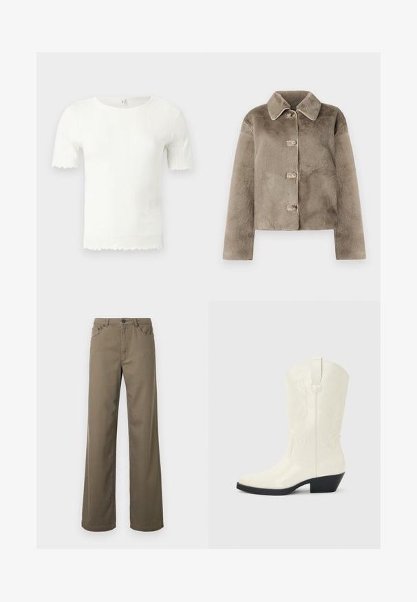 Veste courte en fausse fourrure taupe avec un col, cinq boutons et des manches longues. Texture douce, design court, sans motifs ni accents visibles.; Haut blanc à manches courtes en tricot côtelé avec bords festonnés aux manches et à l'ourlet, doté d'un col rond.; Pantalon à jambes larges en coton vert olive, doté d'une fermeture à boutons, de passants pour ceinture, et d'un design à cinq poches avec une texture lisse et durable.; Botte blanche de style western mi-mollet avec bout pointu, talon empilé noir, coutures décoratives et languette de tirage sur la tige.