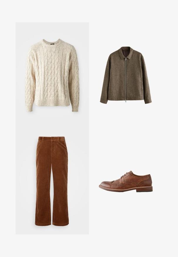 Veste à carreaux brune avec fermeture éclair à l'avant et col. Elle présente un tissu texturé et des manches longues. Intérieur doublé d'une couleur contrastante.; Pull en tricot torsadé couleur crème avec un col rond, un motif texturé et des poignets et un ourlet côtelés. Fait en fil doux et épais.; Pantalons en velours côtelé marron avec une coupe évasée, présentant une texture rayée verticale, une fermeture à bouton et des passants de ceinture standard.; Chaussure Oxford homme en cuir marron style wingtip avec détails brogue et talon en bois superposé, vue de profil sur fond blanc.