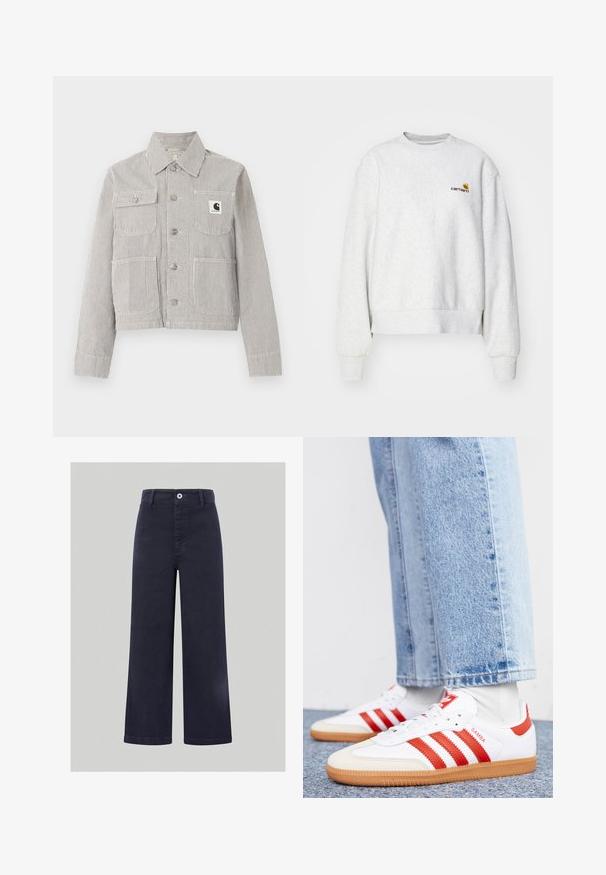 Herrejakke med knapper, kort længde, tynde lodrette sorte og hvide striber, krave, fire forlommer og et Carhartt-logopatch på brystlommen.; Grå crew-neck sweatshirt i et blødt stof med ribbede manchetter og kant; har broderet logo på brystet i gul og mørkerød.; Bredde ben navy bukser lavet af en glat bomuldsblanding, med en frontknaplukning og syede detaljer langs taljen og lommerne.; Hvide lædersneakers med røde striber og accenter. Har en tekstureret gummisål og polstret krave. Bæres med lyseblå denim.