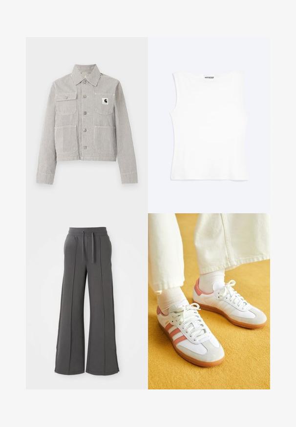 Herenjack met korte knopen, met dunne verticale zwart-witte strepen, kraag, vier voorzakken en een Carhartt-logo op het borstzakje.; Wit nauwsluitend mouwloos tanktopje met een ronde halslijn en minimalistisch ontwerp, met het label "WEEKDAY" aan de binnenkant van de kraag.; Donkergrijze wijde sweatpants met voornaad, elastische tailleband, trekkoorden, zijzakken en ritssluiting aan de onderzijde op een witte achtergrond.; Witte sportschoenen met roze accenten, gemaakt van suede en leer, met een ronde neus en een rubberen zool, weergegeven met lichtgekleurde sokken op een gele achtergrond.