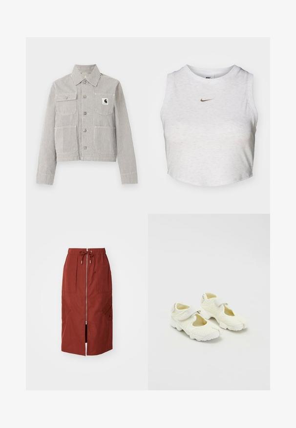 Herenjack met korte knopen, met dunne verticale zwart-witte strepen, kraag, vier voorzakken en een Carhartt-logo op het borstzakje.; Witte crop top van zacht, textuurachtig stof. Heeft een ronde hals en een mouwloos ontwerp met een klein gouden Nike-logo aan de voorkant.; Mid-length rok in terracotta rood, met een rits aan de voorkant, een elastische tailleband met trekkoord en zijzakken met een geometrisch ontwerp.; Witte mesh schoenen met een gestructureerd ontwerp, voorzien van een klittenbandsluiting en uitsparingen aan de zijkanten, textielstof en een chunky zool.