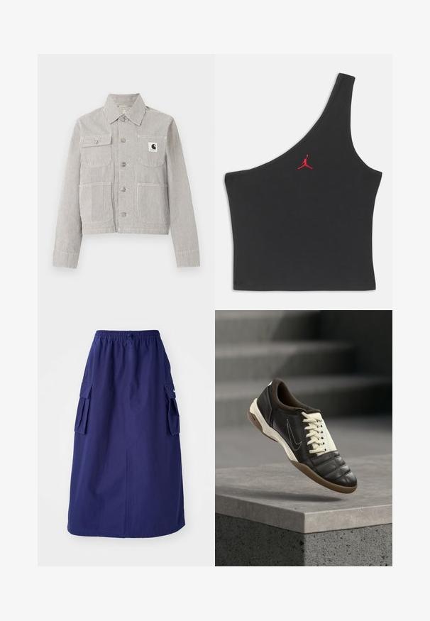 Herrejakke med knapper, kort længde, tynde lodrette sorte og hvide striber, krave, fire forlommer og et Carhartt-logopatch på brystlommen.; Sort one-shoulder crop top med rødt Jumpman-logo broderet i midten af brystområdet på en ensfarvet baggrund.; Marineblå, mellemlang nederdel med elastisk talje, der har to sidelommer og et minimalistisk logodesign. Glat stofstruktur.; Mørkebrun lædersneaker med cremehvide snørebånd, en polstret krave og en tekstureret tå. Har en gummisål og en sidelæns swoosh-logo.