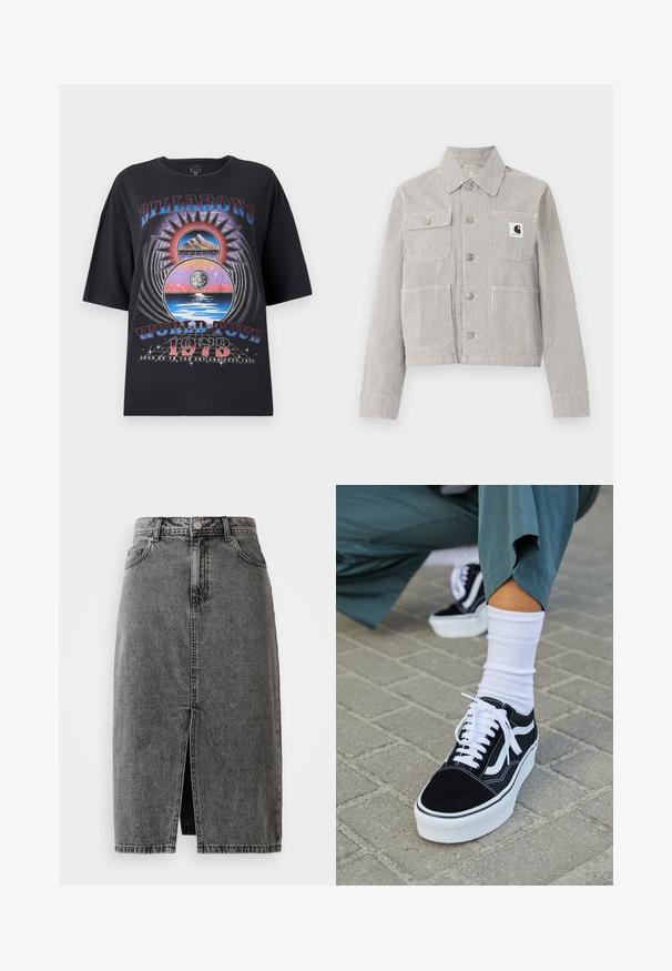 Gekürzte Herrenjacke mit Knopfleiste, dünnen vertikalen schwarzen und weißen Streifen, Kragen, vier Fronttaschen und einem Carhartt-Logo-Patch auf der Brusttasche.; Schwarzes, übergroßes T-Shirt mit einem bunten Grafikdesign, das Berge, Sonne und Wasserelemente zeigt. Der Text beinhaltet "Billabong World Tour 1973."; Hochgeschnittene, ausgebleichte schwarze Denim-Midirock mit vorderem Schlitz, Gürtelschlaufen und klassischem Fünf-Taschen-Design.; Schwarze Wildledersneaker mit weißen Akzenten und Schnürsenkeln, ausgestattet mit einer dicken weißen Sohle und kontrastierenden Nähten, kombiniert mit einer weißen Socke.