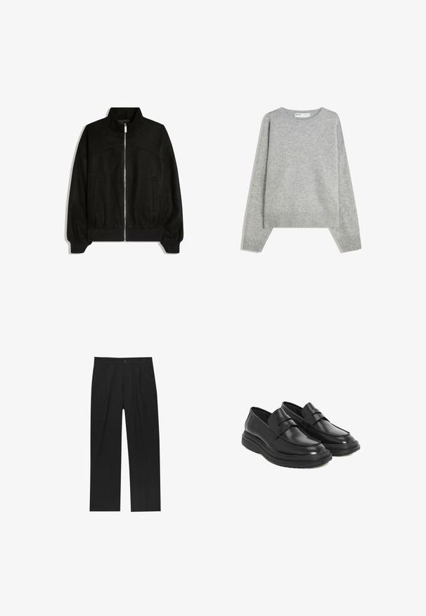 Schwarze Jacke mit Reißverschluss, hohem Kragen, langen Ärmeln, zwei Seitentaschen sowie gerippten Bündchen und Saum.; Grauer Strickpullover mit Rundhalsausschnitt, Rippbündchen und -saum, mit entspannter Passform und weichem Material.; Schwarze Hose mit geradem Schnitt, aus einem glatten Stoff gefertigt. Verfügt über Vorderfalten und einen einzelnen Knopfverschluss an der Taille.; Schwarze Lederloafer mit runder Spitze, gesteppten Details und einer Plattform aus Gummi. Verfügt über einen dekorativen Riemen über dem Vorderblatt.