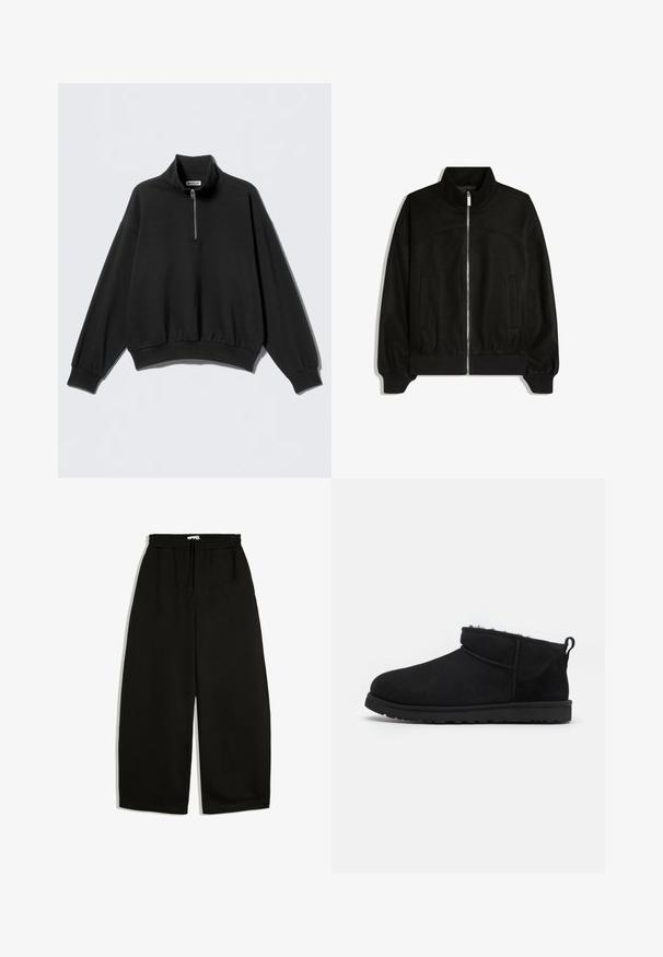 Sort lynlåstrøje med høj krave, lange ærmer, to sidelommer og ribstrikkede manchetter og kant.; Sort sweatshirt med høj krave og halv lynlås, der har sænkede skuldre og ribbet kant. Fremstillet af blødt, struktureret stof.; Sorte bukser med vide ben, elastisk talje og snøre, lagt fladt ud på en hvid baggrund.; Sorte ruskind ankelstøvler med en blød, tekstureret foring, lavprofilgummi sål og en løkke bagpå for nem påtagning.