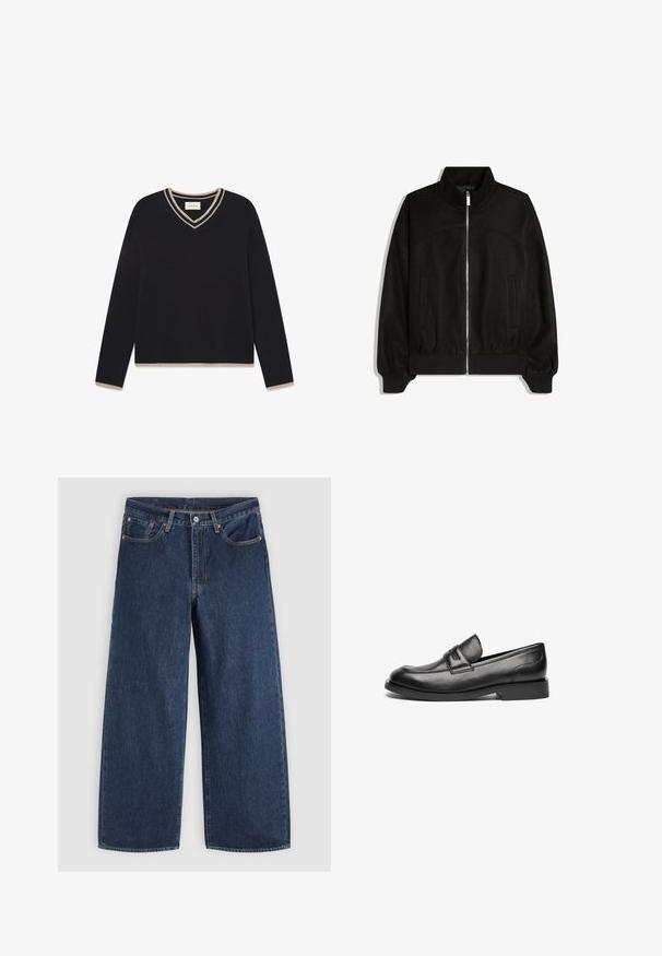 Schwarze Jacke mit Reißverschluss, hohem Kragen, langen Ärmeln, zwei Seitentaschen sowie gerippten Bündchen und Saum.; WOOD WOOD WWCOBEK V-NECK - Strickpullover - salute; Dunkelblaue Jeans mit weitem Bein, Vordertaschen, Knopfverschluss und Gürtelschlaufen, flach auf einem hellen Hintergrund ausgelegt.; Schwarze Lederloafers verfügen über eine abgerundete Zehenpartie, eine genähte Naht über der Oberseite und eine flache Gummisohle. Glatte Oberfläche ohne sichtbare Muster.
