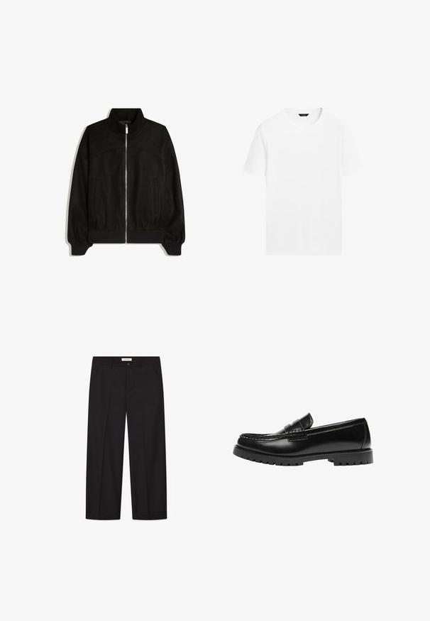 Veste noire à fermeture éclair avec col montant, manches longues, deux poches latérales et poignets et ourlet côtelés.; T-shirt en coton blanc avec un col rond, des manches courtes et une coupe droite. Présente une texture lisse et légère, sans motifs visibles.; Pantalons larges noirs en tissu lisse. Comprend une fermeture avec bouton et zip, deux poches avant et une finition ourlée nette.; Mocassin en cuir noir avec une semelle en caoutchouc épaisse et un détail classique de bride à monnaie, vu de côté extérieur.
