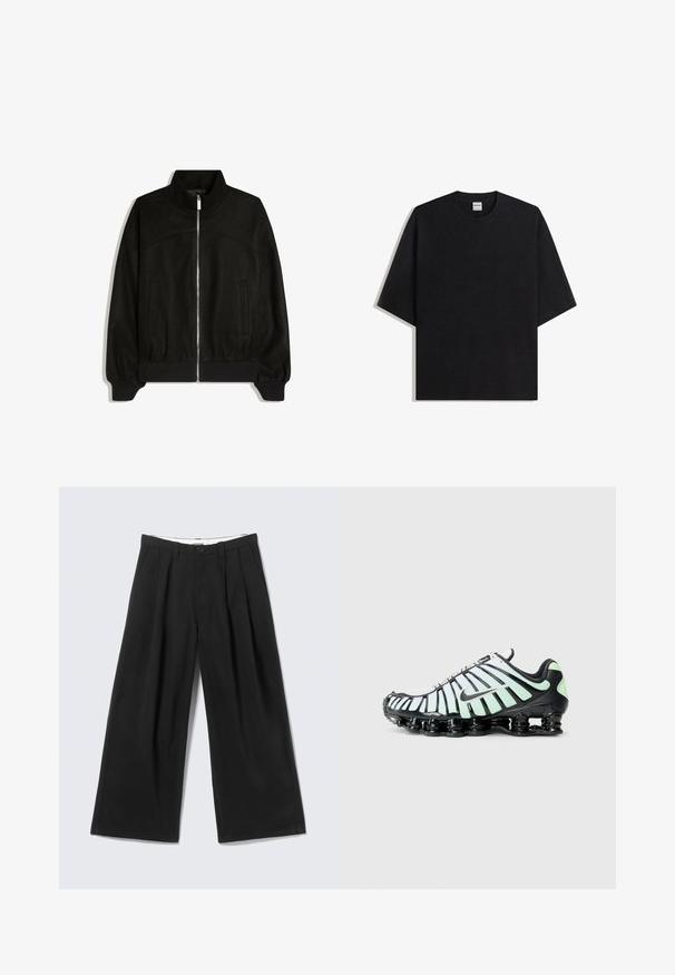 Zwarte jas met rits, hoge kraag, lange mouwen, twee zijzakken en geribde boorden en zoom.; Zwart oversized T-shirt met korte mouwen en ronde hals, plat gelegd op een witte achtergrond, met het Bershka-label zichtbaar aan de binnenkant van de kraag.; Zwarte brede broek met plooien, riemlussen en een knoopsluiting, tentoongesteld tegen een lichtgrijze achtergrond.; Nike sportschoen met een zwart en mintgroen ontwerp, mesh bovenwerk met gebogen accenten en een opvallende zwarte dempingzool.