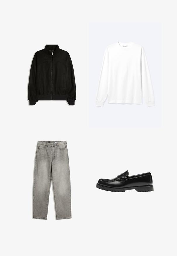 Sort lynlåstrøje med høj krave, lange ærmer, to sidelommer og ribstrikkede manchetter og kant.; Langærmet plain hvid skjorte med rund hals og ribkantede manchetter, vist på en neutral lys baggrund.; Grå denimbukser med lige ben, der har forlommer, en knaplukning og en subtil falmet tekstur.; Sort læderloafer med en kraftig gummisål og klassiske penny-strap detaljer, vist fra ydersiden.