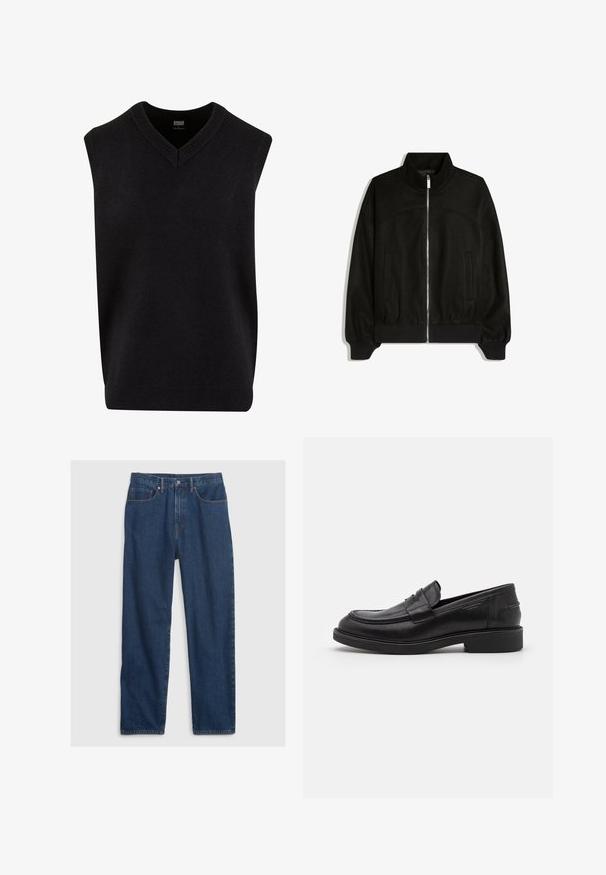 Veste noire à fermeture éclair avec col montant, manches longues, deux poches latérales et poignets et ourlet côtelés.; Pull noir sans manches avec un col en V, fabriqué dans un matériau doux, présentant un col et un ourlet inférieur côtelés. Design simple et classique.; Jean en denim bleu foncé avec une coupe droite, comprenant un design à cinq poches, un bouton supérieur et des rivets en cuivre.; Mocassins en cuir noir avec un bout arrondi, des coutures ton sur ton et un détail de sangle à l'avant. Semelle en caoutchouc avec un petit talon.