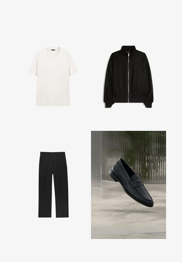 Zwarte jas met rits, hoge kraag, lange mouwen, twee zijzakken en geribde boorden en zoom.; Effen wit T-shirt met korte mouwen en ronde hals, plat weergegeven met goed zichtbare label bij de hals op een witte achtergrond.; Zwarte broeken met een recht model, gemaakt van een gladde stof. Voorzien van een voorplooien en een enkele knoopsluiting bij de taille.; Zwarte leren loafer met een gladde afwerking, puntige neus en gestikte details over de wreef. Lage hak en minimalistisch ontwerp.