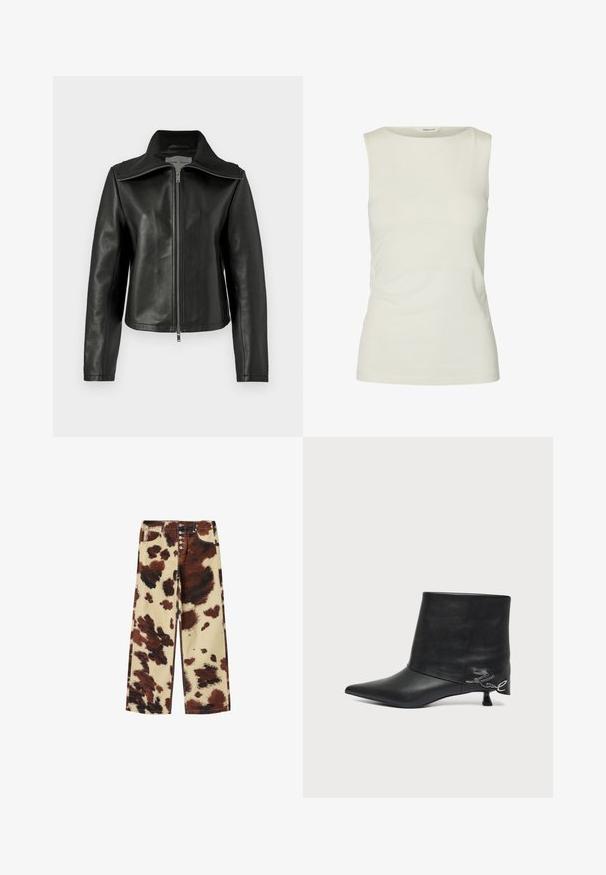 Veste en cuir noir avec un col droit, fermeture éclair à l'avant et manches longues. Présente une texture lisse et un design ajusté. Pas de motifs visibles.; Débardeur blanc uni sans manches avec un col rond, fabriqué en tissu lisse, présenté sur fond blanc.; Pantalon à jambes larges avec motif en cuir de vache marron et crème, fermeture éclair à cinq boutons, poches avant et coutures visibles.; Bottine en cuir noir avec bout pointu, petit talon kitten et détail écrit argenté près du talon.