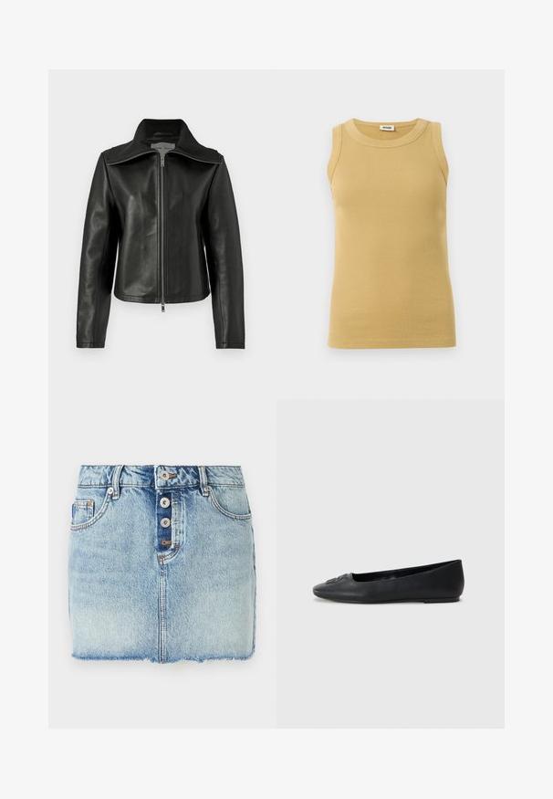Veste en cuir noir avec un col droit, fermeture éclair à l'avant et manches longues. Présente une texture lisse et un design ajusté. Pas de motifs visibles.; Débardeur côtelé beige sans manches avec col rond, fabriqué par Drykorn, présenté sur un fond blanc.; Mini-jupe en jean bleu clair avec fermeture à boutons sur le devant, passants pour ceinture et ourlet brut.; Ballerine en cuir noir avec une texture lisse, bout arrondi et décoration subtile à l'avant. Talon plat et bas.