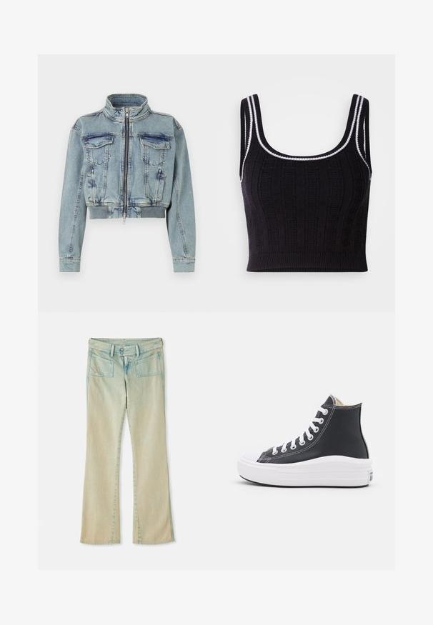 Good American TRUCKER - Cowboyjakker - indigo; Sort strikket crop top med tekstureret mønster, firkantet udskæring og kontrasterende hvide kanter på stropperne og nederste kant.; Lyseblå denim flared jeans med en falmet finish, der har bæltestropper, to forvaskede lommer og to baglommer med synlige syninger.; Sorte høje sneakers med hvide snørebånd og gummisål. Har en glat læderstruktur og hvide stikninger.