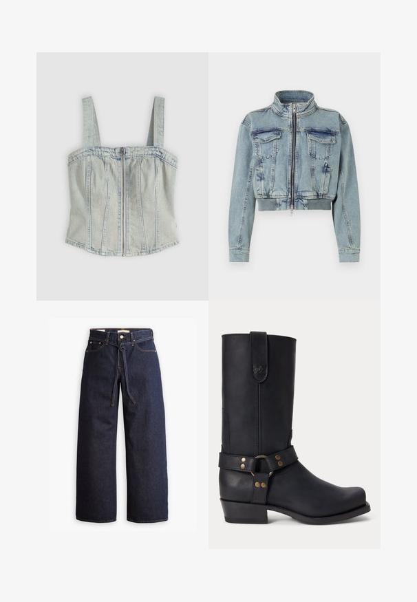Good American TRUCKER - Spijkerjas - indigo; Lichtblauw denim korsetje met brede banden, ritssluiting aan de voorkant, verticale naaddetails en een rechte zoom.; Wijd pijpjes donkerblauwe denim jeans met een hoge taille, voorzien van een trekkoord, vijf zakken en contrasterende stiksels.; Zwarte leren laars tot halverwege de kuit met lage hak, ronde neus en decoratieve band met metalen klinknagels en ring rond de enkel.