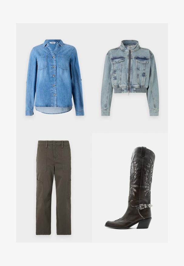 Good American TRUCKER - Cowboyjakker - indigo; Lys blå denimskjorte med knaplukning foran, to brystlommer og ærmer som kan rulles op med knapdetaljer.; Good American CROPPED PANTS - Cargobukser - fatigue; Sort læder cowboystøvle med dekorative udskæringer, sølvspænde og skrå hæl, vist på hvid baggrund.