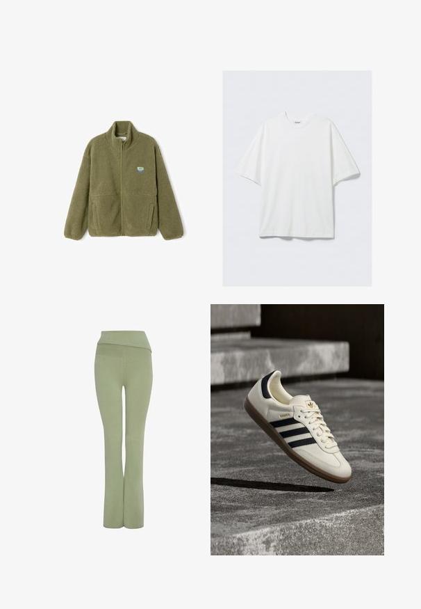 Chaqueta de forro polar verde oliva con cremallera completa en el frente, cuello alto, dos bolsillos delanteros y un pequeño parche de logo rectangular en el pecho.; Camiseta blanca de algodón de manga corta y corte oversize con cuello redondo y una pequeña etiqueta de la marca en el interior del cuello.; Pantalones ajustados verdes con una cinturilla ancha y un diseño de pierna acampanada. Textura de tela suave, diseñados para la comodidad y flexibilidad.; Zapatilla blanca Adidas Samba con franjas negras y suela de goma, flotando sobre escalones de hormigón gris texturizado.