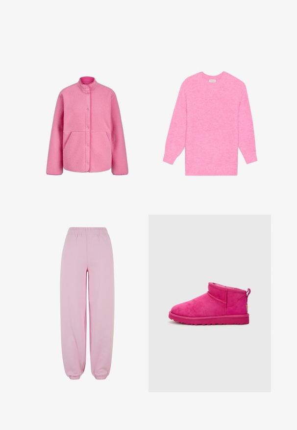 JJXX JXVERA TEDDY JACKET - Forro polar - morning glory; Jersey de punto rosa con cuello redondo, mangas largas y puños acanalados. Tejido texturizado con un sutil patrón jaspeado.; Urban Classics Pantalones deportivos - softpink; UGG CLASSIC ULTRA MINI - Botas para la nieve - dark peony