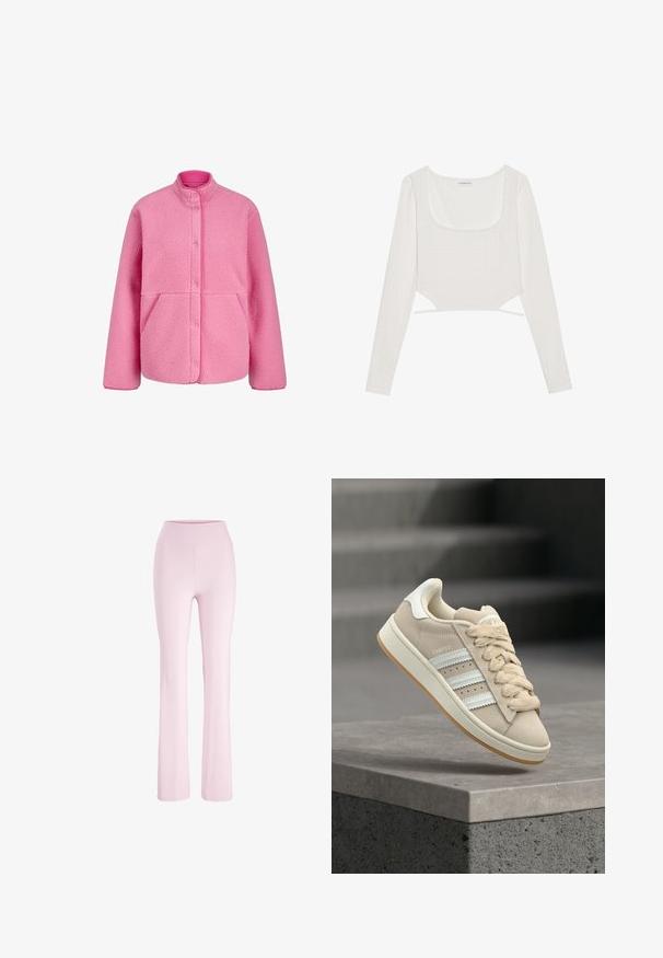 JJXX JXVERA TEDDY JACKET OTW NOOS - Fleecejakke - morning glory; Hvid langærmet crop top lavet af tekstureret stof med firkantet udskæring og sidesnore, der har subtile mønsterdetaljer.; Lyserøde yoga bukser med høj talje med tætsiddende pasform over lårene og let udvidede ben, vist på en hvid baggrund.; Beige Adidas Campus sneaker med hvide striber og snørebånd, der svæver over en grå stenoverflade og trin i baggrunden.