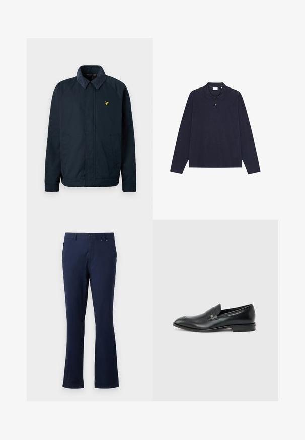 Marineblauwe jas met een zachte, textuurachtige kraag, voorzien van twee zijzakken en een klein gouden vogel-logo op de borst.; Marineblauwe katoenen poloshirt met lange mouwen en een kraag, voorzien van een sluiting met drie knopen en een eenvoudige textuur. Geen zichtbare patronen of accenten.; Navyblauwe broek van lichtgewicht stof, met een recht model, voorzakken en een knoopsluiting in de taille.; Zwarte leren herenslipper met lage hak, afgeronde neus en klein metalen logo op het riempje, zijaanzicht tegen een effen achtergrond.