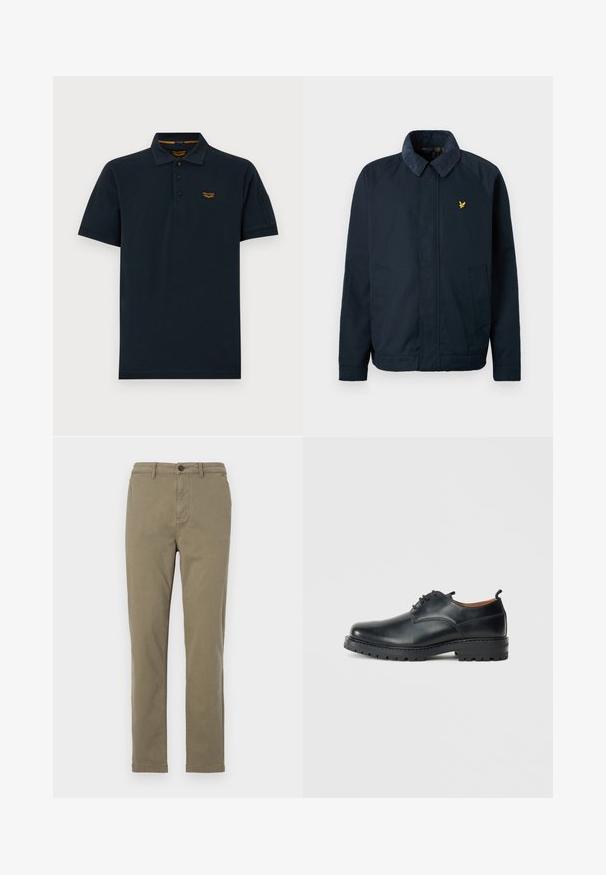 Marineblå jakke med en blød, struktureret krave, der har to sidelommer og et lille guld fuglelogo på brystet.; Mørk navy kortærmet poloshirt med tre knapper, krave og lille orange PME Legend logo på venstre bryst.; Oliven grønne bomulds chinos med lige ben, frontknaplukning og sidelommer. Glat tekstur og minimal detaljering.; Sorte læder derby-sko med en glat overflade, rund tå, snøre-design og en tyk, robust gummisål.