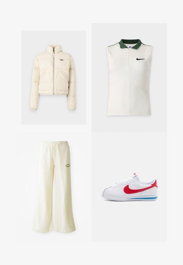Lyhyt puffatakki vaaleassa värissä, jossa on korkea kaulus, vetoketjusuljenta ja kaksi sivutaskua, sekä brodattu logo rinnassa.; Hihaton valkoinen Nike-paita, jossa on ribbineulos, tummanvihreä kaulus, puolikas vetoketju ja musta Nike-logo rinnassa.; Kermavaaleat verkkarit leveällä lahkeella, joissa on elastinen vyötärö ja säädettävä nyöri. Edessä brodeerattu vihreä "Athletic" -teksti. Pehmeä kangas.; Valkoiset lenkkarit, joissa on punainen swoosh, sininen yksityiskohta pohjassa ja valkoiset nauhat. Teksturoitu pinta, jossa on ommeltuja yksityiskohtia. Klassinen muotoilu.