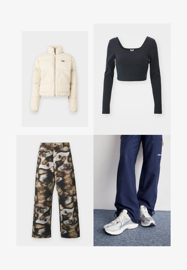 Gekürzte Daunenjacke in Creme, ausgestattet mit einem hohen Kragen, einem Frontreißverschluss und zwei Seitentaschen, sowie einem gestickten Logo auf der Brust.; Schwarzes langärmliges, kurzes Oberteil aus Rippmaterial, mit weitem Boots-Ausschnitt und taillierter Silhouette, versehen mit einem dezenten Markenlogo Akzent.; Weite Hosen mit einem auffälligen, abstrakten Muster in Schwarz-, Braun- und Cremetönen. Hergestellt aus strukturiertem Stoff mit hoher Taille.; Nike Sportschuhe mit einem silbernen Mesh-Obermaterial, weißen Akzenten und strukturierten Sohlen, kombiniert mit locker sitzenden marineblauen Hosen.