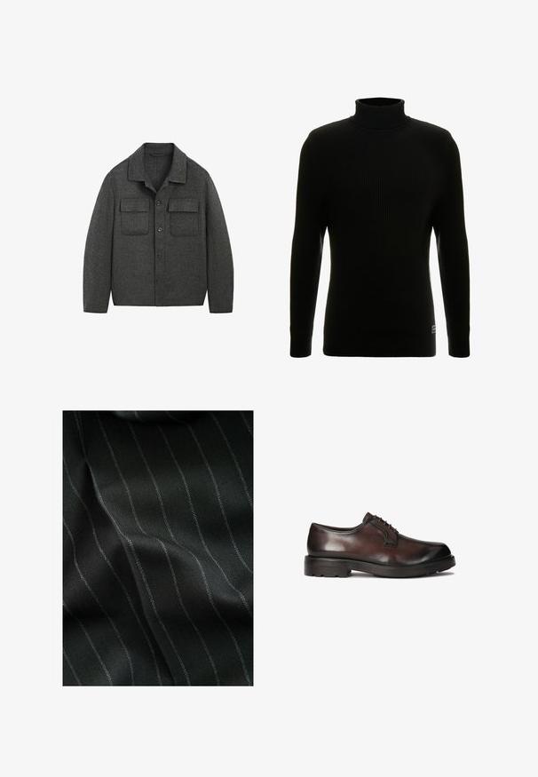 Veste en laine gris foncé à manches longues, boutonnée devant, avec deux poches poitrine à rabat et un col, présentée sur fond blanc.; Pull à col roulé noir avec des manches longues, texture côtelée, silhouette ajustée et petite étiquette de marque en bas à gauche.; Tissu noir avec un motif en chevrons et de fines rayures blanches. La texture semble lisse avec une profondeur subtile due au tissage.; Chaussure habillée en cuir marron, à la finition lisse, au bout rond et au laçage. Équipée d'une semelle en caoutchouc noir robuste avec une bonne traction.
