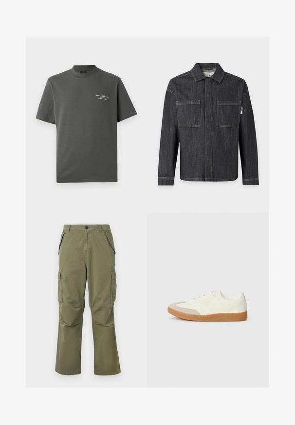 Dunkelgraue Denimjacke mit langen Ärmeln, zwei großen vorderen Brusttaschen und einem Kragen, gezeigt auf einem einfarbigen hellen Hintergrund.; Jack & Jones PREMIUM Printed - T-Shirt print - volcanic ash; Cargo-Hosen in Olivgrün, aus leichtem Stoff gefertigt, mit Seitentaschen, einem Knopfverschluss und einem lässigen Schnitt mit geraden Beinen.; Sneaker aus weißem Leder mit einer beigen Zehenkappe und leichter brauner Gummisohle. Verfügt über flache weiße Schnürsenkel und geprägtes Branding an der Seite.