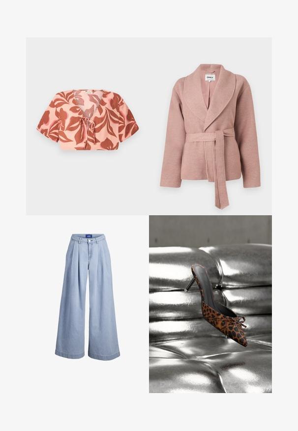 Chaqueta envolvente de mezcla de lana en suave color rosa con amplio cuello chal y cinturón del mismo tejido anudado a la cintura, mangas largas y corte relajado.; Top corto de tela rosa pastel con un patrón floral en tono óxido y rosa suave, con la parte delantera atada, mangas cortas y cuello en V.; Pantalones vaqueros anchos de pierna ancha en azul claro con pliegues frontales, cierre de botón y etiqueta JJXX en la cintura interior.; Mule de tacón alto con estampado de leopardo, punta estrecha y un pequeño lazo, descansando sobre una superficie plateada brillante acolchada.