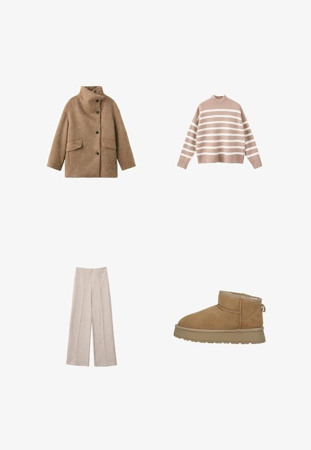 Manteau en laine marron avec col haut, quatre boutons noirs sur le devant et deux poches à rabat à l'avant.; Pull en beige à rayures avec des rayures horizontales blanches, présentant un col montant à côtes et des manches larges, fabriqué en tissu tricoté doux.; Pantalons larges beiges en tissu doux, avec des plis avant marqués et une taille haute cintrée, sans poches visibles.; Bottine en suede brun avec doublure en fourrure douce, bout rond et semelle en caoutchouc plate. Présente une couture décorative et une languette à l'arrière.