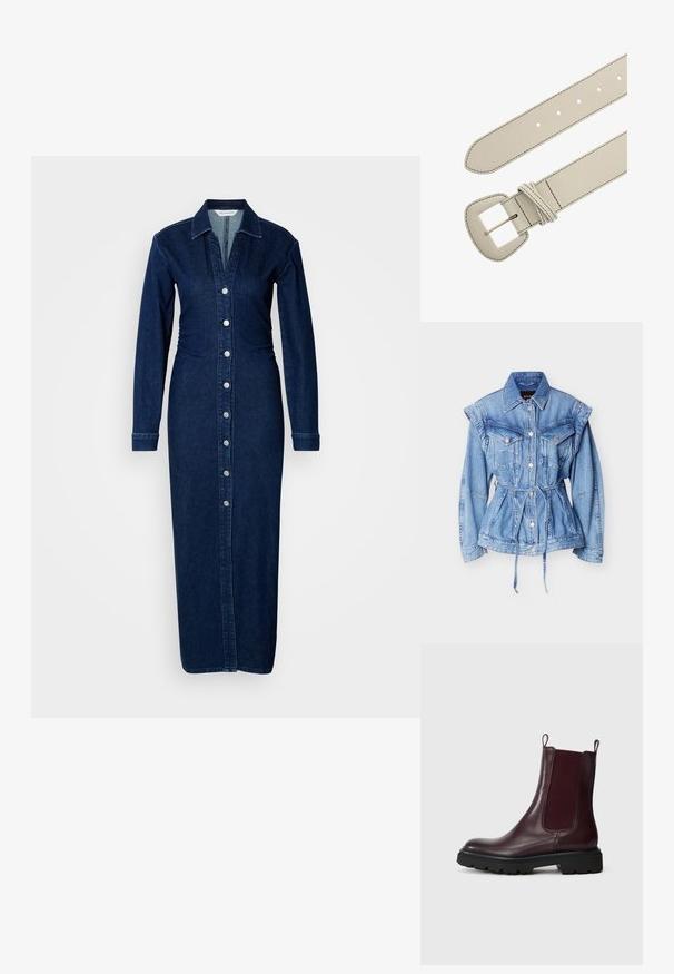 Lichtblauwe spijkerjack met lange mouwen, knopen aan de voorkant, borstzakken, gestructureerde schouders en een tailleceintuur.; Denim jurk met lange mouwen, een collared halslijn en een sluiting met knopen aan de voorkant. Donkerblauwe stof met een aansluitende taille en een rechte maxi-lengte.; Bordeaux leren chelsea boots met elastische zijkanten, gestructureerde zwarte rubberen zool en lusjes voor eenvoudig aan- en uittrekken.; Beige leren riem met gestikte randen, rechthoekige metalen gespsluiting en vijf verstelgaten op de band.