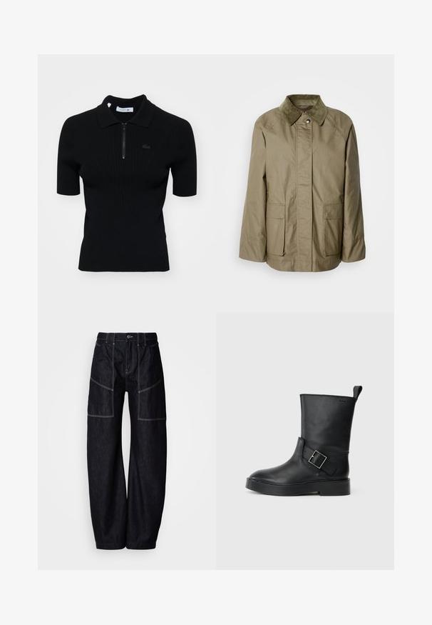 Olivgrüne Jacke aus leichtem Stoff, mit einem Cordkragen, zwei Vorderaschen und einem geraden Schnitt.; Schwarz gestreifter Poloshirt mit kurzen Ärmeln, Reißverschlusskragen und einem subtilen Logodetail. Hergestellt aus strukturiertem Strickmaterial.; Dunkelblaue, weit geschnittene Denim-Hosen mit mehreren Vorder Taschen, kontrastierenden Nähten und einem Knopfverschluss an der Taille. Glatte Textur und lässiges Design.; Schwarze Lederstiefelette mit runder Zehenform, flacher Sohle und einem silbernen Schnallenakzent an der Seite. Verfügt über eine Zuglasche an der Rückseite.