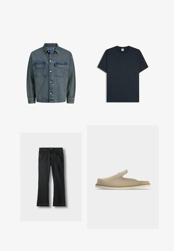 Dunkelblaue Jeansjacke mit zwei Brusttaschen, Knopfverschluss und klassischem Kragen. Strukturierter Stoff mit einem leicht abgenutzten Erscheinungsbild.; Schlichtes dunkel marineblaues kurzärmeliges Baumwoll-T-Shirt mit Rundhalsausschnitt und Markenetikett am Halsausschnitt.; Schwarze Denim-Jeans mit geraden Beinen, Fronttaschen und rohen, ausgefransten Säumen, flach auf einem hellen Hintergrund liegend.; Beige Schlupfsandale mit geschlossenem Zehenbereich, offenem Fersenbereich, weichem Veloursleder-Obermaterial und weißer, strukturierter Gummisohle, seitlich auf weißem Hintergrund dargestellt.