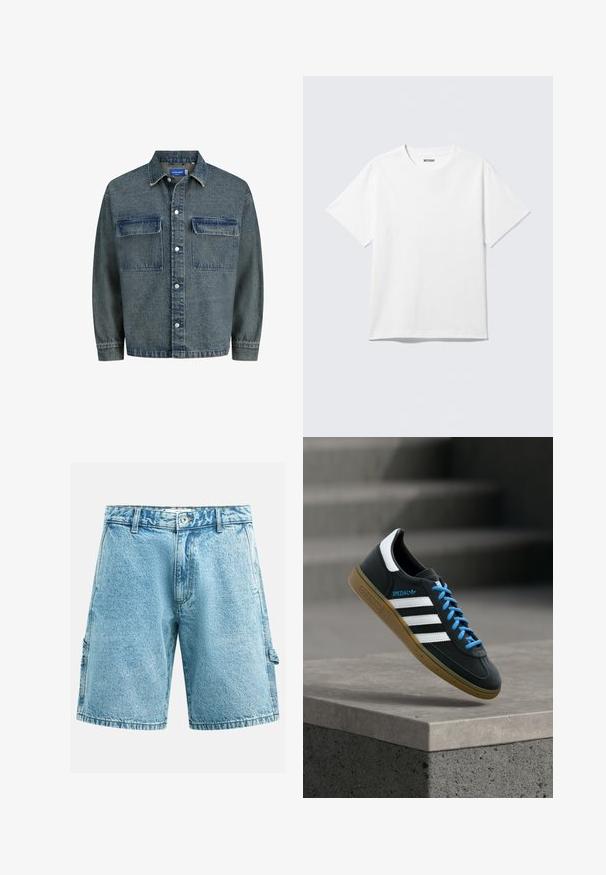 Dunjakke i mørkeblå med to brystlommer, knaplukning og en klassisk krave. Teksturstof med en let slidt fremtoning.; Hvid kortærmet crewneck T-shirt lagt fladt ud, ensfarvet design, med "WEEKDAY" mærkat inde i kraven på en lys baggrund.; Lyseblå denimshorts med knap og lynlås, bæltestropper, sidelommer og en afslappet fit til knæet.; Sort Adidas sneaker med hvide striber, blå snørebånd og gummisål, der svæver over gråt betontrin i blødt lys.