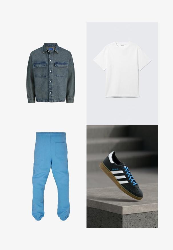 Dunkelblaue Jeansjacke mit zwei Brusttaschen, Knopfverschluss und klassischem Kragen. Strukturierter Stoff mit einem leicht abgenutzten Erscheinungsbild.; Weißes T-Shirt mit kurzen Ärmeln und Rundhalsausschnitt, flach liegend, schlichtes Design, mit „WEEKDAY“-Etikett innen im Kragen auf hellem Hintergrund.; Helle blaue Sweatpants aus weichem Baumwollmaterial. Sie verfügen über einen elastischen Bund, tapered Beinsäume und eine Taschen hinten.; Schwarzer Adidas-Sneaker mit weißen Streifen, blauen Schnürsenkeln und Gummisohle, der über einer grauen Betontreppe im weichen Licht schwebt.
