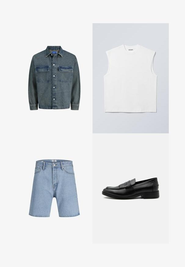 Veste en denim bleu foncé avec deux poches poitrine, fermeture à boutons et col classique. Tissu texturé avec une apparence légèrement usée.; Haut blanc sans manches en coton à col rond avec épaules structurées, marqué "WEEKDAY" sur l'étiquette du col, présenté sur un fond gris clair.; Jack & Jones ITONY ORIGINAL - Short en jean - blue denim; Mocassin homme en cuir noir avec détail pompon, bout arrondi, talon bas et finition polie lisse, montré de profil sur fond blanc.