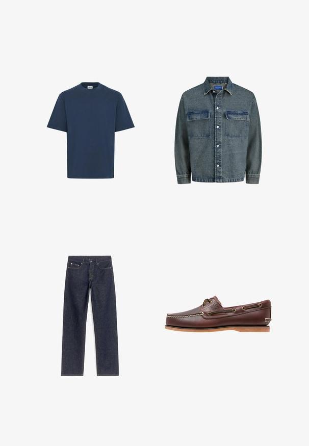 Denimjacket in donkerblauw met twee borstzakken, knoopsluiting en een klassieke kraag. Textuurstof met een licht versleten uiterlijk.; Marineblauwe katoenen t-shirt met een ronde hals, korte mouwen en een rechte zoom. Beschikt over een klein merkje aan de onderkant aan de linkerzijde.; Donkerblauwe denim jeans met een rechte pijpdesign, voorzien van vijf zakken en contrasterende gouden stiksels. Geen versieringen of patronen.; Bruine leren bootschoen met witte stiksels, veterdetails en beige rubberen zool, zijaanzicht op een witte achtergrond.