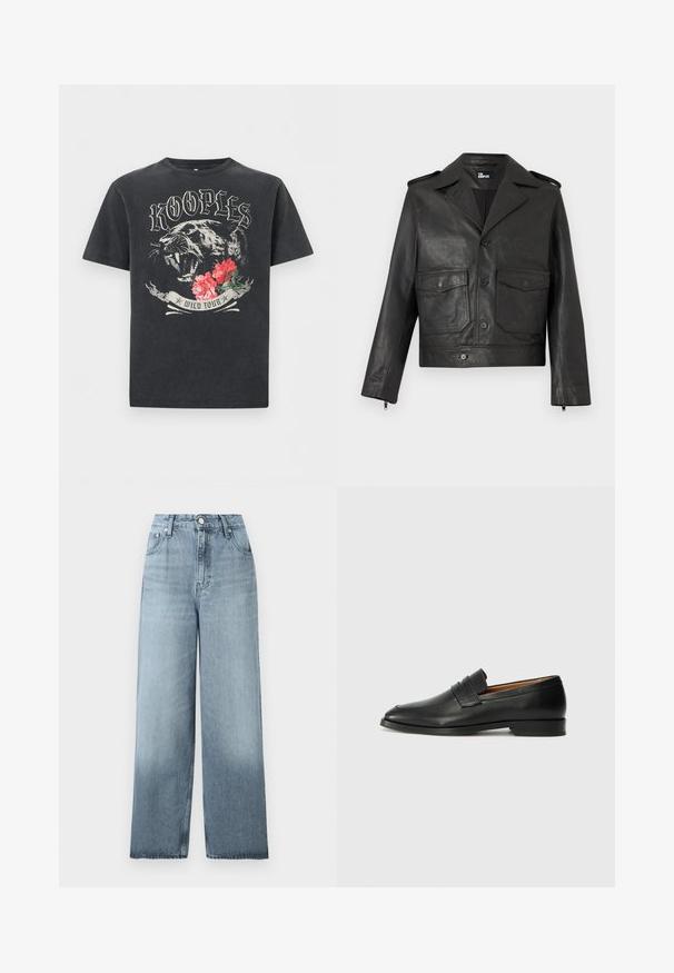 Chaqueta de cuero negra con cierre de botones al frente, dos bolsillos con solapa, cuello ancho, hombreras y puños con cremallera.; Camiseta negra con una pantera rugiente, flores rojas y texto estilizado "KOOPLES" arriba y "WILD TOUR" debajo del gráfico.; Vaqueros de pierna ancha, talle alto en color azul claro con cierre de botón y cremallera, bolsillos delanteros y presillas para cinturón sobre un fondo liso.; Mocasín de cuero negro con punta redonda, detalles de costura sutil y un tacón bajo, que presenta una textura suave y un diseño minimalista.
