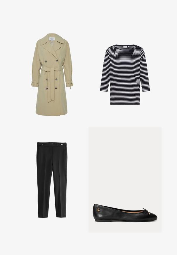 Beige trenchcoat med dobbeltradet front, stor krave og sidebånd detaljer. Har sorte runde knapper og en bælte-livet.; Stribet langærmet top i navy og hvid bomuldsblanding. Har en rund halsudskæring og en afslappet pasform med vandrette striber.; Sorte skræddersyede bukser med en glat tekstur, der har to frontlommer og en talje med to runde sorte knapper.; Sort læder balletflad sko med lille sløjfe og gyldent logodetalje ved hælen, flad sål og rundet tå.