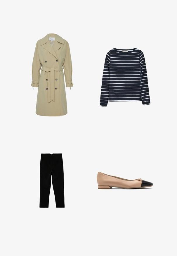 Beige trenchcoat med dobbeltradet front, stor krave og sidebånd detaljer. Har sorte runde knapper og en bælte-livet.; Navyblå langærmet skjorte med hvide vandrette striber, rund hals og en lille logotag på venstre ærmekant.; Sorte skræddersyede ankelkorte bukser med sidelommer og let tilspidset ben, vist fladt på en hvid baggrund.; Beige læder balletflade med en sort kappe og lille sløjfe detalje foran, med en lav blokhælcirkler for støtte.