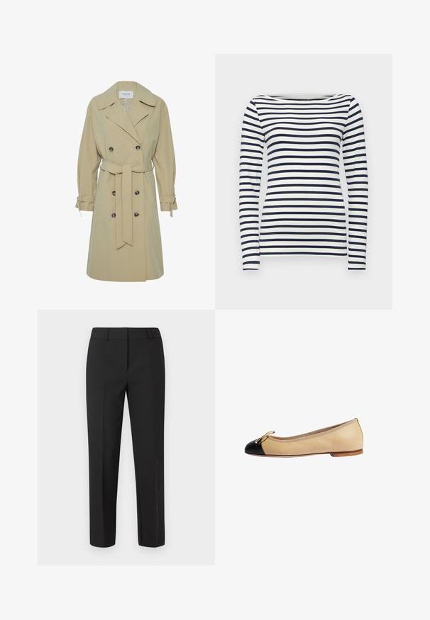Beige trenchcoat med dobbeltradet front, stor krave og sidebånd detaljer. Har sorte runde knapper og en bælte-livet.; Langærmet stribet top i navyblå og hvid, med rund halsudskæring og en tætsiddende pasform. Glat stof med vandrette striber.; Sorte skræddersyede bukser med lige ben, flad front og uden synlige pyntedetaljer. Fremstillet af et glat stof med en skarp finish.; Beige læder balletflade med sort tåhætte, guld sløjfedetalje og tekstureret trim langs åbningen. Flad sål for nem gang.