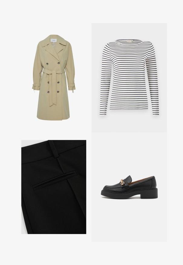 Beige trenchcoat met dubbelknoopsluiting, grote kraag en zijstrikdetails. Voorzien van zwarte ronde knopen en een ceintuur om de taille.; Langsleeve gestreepte shirt gemaakt van zachte stof, met navy en witte horizontale strepen, ronde halslijn en een slim-fit ontwerp.; Zwarte broek van gladde stof, met een vlakke voorkant en een enkele achterzak met een gleufopening.; Zwarte leren loafer met een chunky plateauzool, voorzien van een goudkleurige kettingaccent en zichtbare stikdetails. Gladde textuur en strak design.