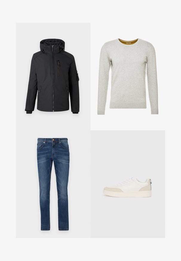 Sort hættejakke med frontlynlås, lynlåslomme på brystet, to sidelommer og lynlåslomme på venstre ærme, vist på hvid baggrund.; TOM TAILOR CREW NECK - Striktrøje - light soft grey melange; Mørkeblå denim jeans med lige ben, fem lommer, subtile blegetoner, kontrastsyet og knaplukning i taljen.; Hvide sneakers med beige ruskind detaljer, flade snørebånd og en tekstureret gummisål. Inkluderer en grøn løkke på hælen.