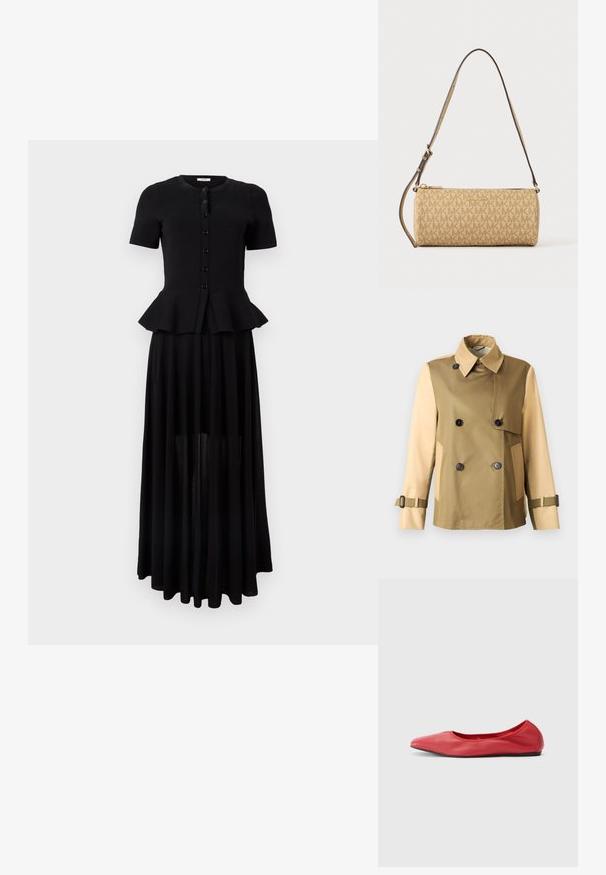 Veste croisée bicolore beige et marron clair avec boutons noirs, large col, rabat avant, poches latérales et poignets à brides réglables.; Haut noir à manches courtes avec boutons et taille peplum, associé à une longue jupe noire transparente.; Filippa K REY FLATS - Ballerines - bright red; Sac à main cylindrique beige Michael Kors avec motif logo répétitif, fermeture éclair dorée et bandoulière réglable marron foncé.