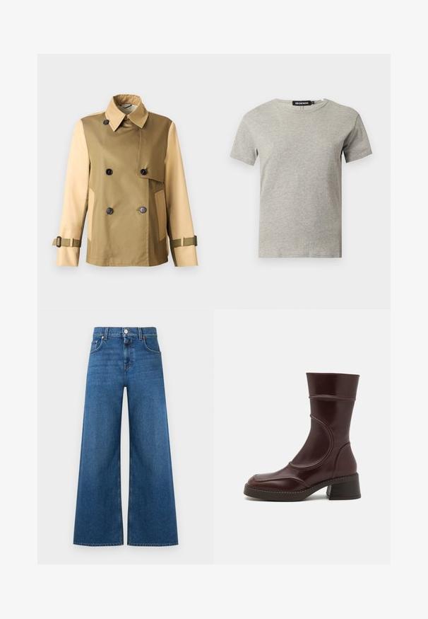Zweifarbige zweireihige Jacke in Beige und Braun mit schwarzen Knöpfen, weitem Kragen, Frontklappe, Seitentaschen und verstellbaren Riemen an den Manschetten.; Hellgraues kurzärmeliges Baumwoll-T-Shirt mit Rundhalsausschnitt und sichtbarem schwarzem Label im Kragen mit der Aufschrift "DENIM" und Größe "S".; Jeans mit weitem Bein in mittlerem Blau, aus robustem Baumwollstoff gefertigt. Verfügt über einen taillenhohen Bund mit Knöpfen, fünf Taschen und gerade Säume.; MIISTA MALENE - Stiefelette - brown
