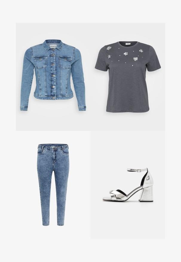 Jeansjacke in Hellblau mit tailliertem Design, Knopfverschluss, zwei Brusttaschen und kontrastierenden Nähten entlang der Nähte.; Graues Baumwoll-T-Shirt mit kurzen Ärmeln, verziert mit metallischen Blumenapplikationen und Pailletten, die auf der Vorderseite angeordnet sind. Weiche Textur, lässige Passform.; Blaue Skinny Jeans aus Denim mit hoher Taille, fünf Taschen und einem Reißverschluss. Der Stoff hat eine leicht ausgewaschene Textur mit kontrastierenden Nähten.; Silberne metallische High-Heelsandalen mit Kreuzgurt-Design, Knöchelriemen und Blockabsatz. Glatte Oberfläche mit schwarzem Innenfutter.
