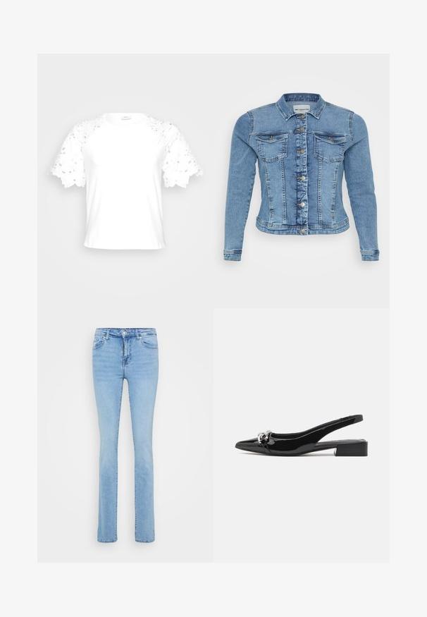 Denimjakke i lyseblå med en tætsiddende design, knaplukning, to brystlommer og kontrasterende syninger langs sømmene.; Hvid t-shirt med dekorative blonderærmer, der har et enkelt, rent design og rund hals.; Lysblå denimjeans med lige ben-design, fem lommer og lynlås. Tøjet har en medium vask med subtil slid.; Sort laklæderslingback sko med spids tå, lav blokhæl og sølvfarvet metal detalje foran.